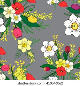 Seamless pattern with hand-drawn crocuses. Bodacious background