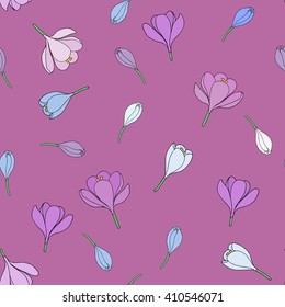 Seamless pattern with hand-drawn crocuses. Bodacious background