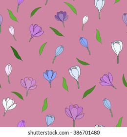 Seamless pattern with hand-drawn crocuses. Cashmere Rose background