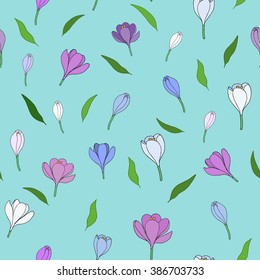 Seamless pattern with hand-drawn crocuses. Limpet Shell background