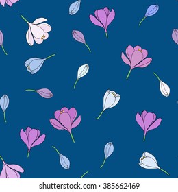 Seamless pattern with hand-drawn crocuses. Snorkel Blue background