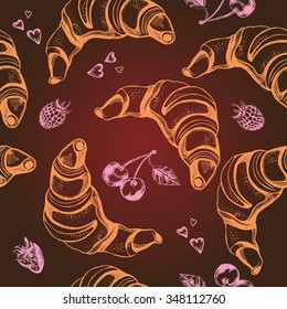 Seamless pattern with hand-drawn croissant and berries. 