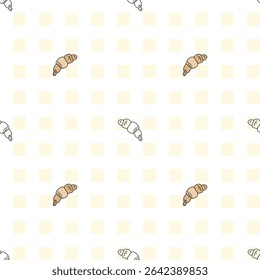 Seamless pattern with hand-drawn croissants on a light checkered background. Cute and minimal French bakery design, perfect for packaging or textiles.