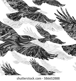 Seamless pattern of Hand-drawn crows with ethnic floral pattern. Abstract background with flying birds colorful