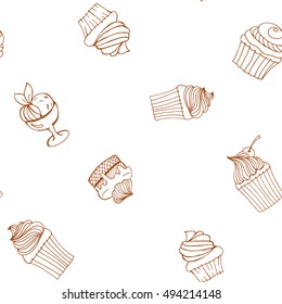seamless pattern hand-drawn cupcakes, cakes, menus, invitations, banners