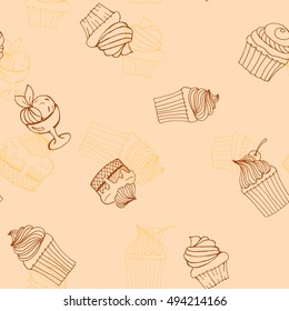 seamless pattern hand-drawn cupcakes, cakes, menus, invitations, banners