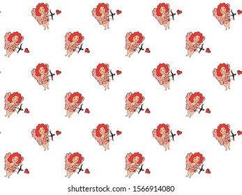 Seamless pattern from hand-drawn Cupids with bows shooting in hearts on a white background.  For St. Valentine's Day. For textile,  texture, fabric, wrapping, wallpaper, prints, packaging. Vector.