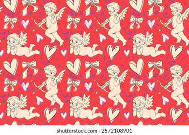 Seamless pattern from hand-drawn Cupids with bows shooting in hearts on red background. For St. Valentine's Day. For textile, texture, fabric, wrapping, wallpaper, prints, packaging. Vector.