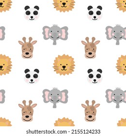 Seamless Pattern Of Hand-drawn Cute Animals Of Hot Countries For Kids. Image Of Panda, Giraffe, Elephant, Lion On A Transparent Background. Baby Shower, Birthday, Holiday.