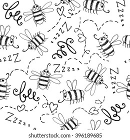 Seamless pattern with hand-drawn cute bees on a white background.  Monochrome fun background for your design. Vector illustration.