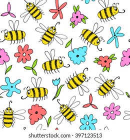Seamless pattern with hand-drawn cute bees and flowers on a white background. Vector illustration.