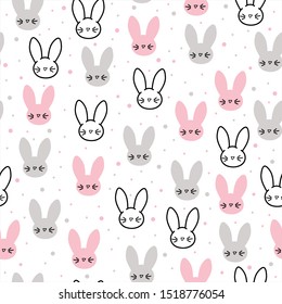 Seamless Pattern Handdrawn Cute Bunnys head, Cartoon Animals Background, Vector Illustration