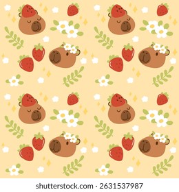 Seamless Pattern Hand-Drawn Cute Capybara and flower Illustration