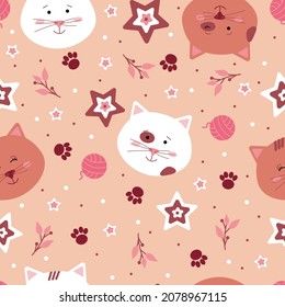 Seamless pattern with hand-drawn cute cat faces, cat paws, berries, stars. Vector illustration