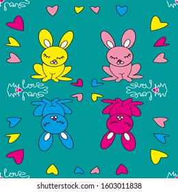 Seamless pattern with hand-drawn cute colorful bunnies, hearts and lettering inscription: My love. Vector seamless background for the design of textiles, wallpaper and other