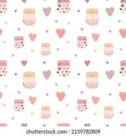 Patrón sin fisuras de galletas, jarras, mermeladas y corazones adorables dibujados a mano. Imagen vectorial para el Día de San Valentín, amantes, impresiones, ropa, textiles, tarjetas, vacaciones, niños, papel envolvente