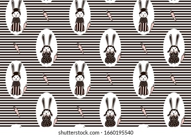 Seamless pattern of hand-drawn cute female hares in dresses in oval shapes and carrots on a black and white striped background. For baby clothes, wallpaper, textile, fabric, wrapping paper. Vector.