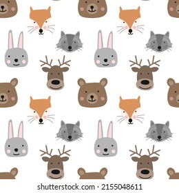 Seamless pattern of hand-drawn cute forest animals for kids. The image of a bear, fox, rabbit, deer, raccoon on a transparent background. Baby Shower, birthday, holiday.