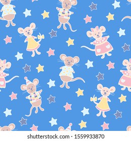 Seamless pattern with hand-drawn cute little mice and stars on blue, symbol of 2020, for cover design, wrapping paper, textile print and other creative purposes