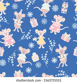 Seamless pattern with hand-drawn cute little mice and snowflakes on blue, symbol of 2020, for cover design, wrapping paper, textile print and other creative purposes