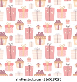 Seamless pattern of hand-drawn cute love gifts in pink shades. Vector image for Valentine's Day, lovers, prints, clothes, textiles, cards, holidays, children, baby, wrapping paper