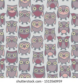 Seamless pattern with hand-drawn cute owls. Vector illustration