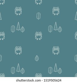 Seamless pattern with hand-drawn cute owls and trees. Vector illustration