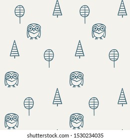 Seamless pattern with hand-drawn cute owls. Vector illustration