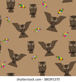 Seamless pattern with hand-drawn cute owls. Iced Coffee background