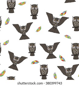 Seamless pattern with hand-drawn cute owls