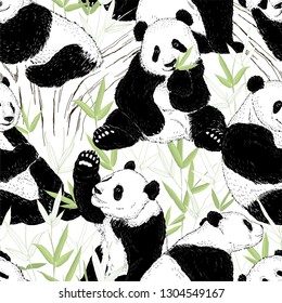 Seamless pattern with hand-drawn cute pandas and bamboo.