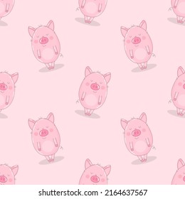 Seamless pattern of hand-drawn cute pigs on an isolated pink background. Vector illustration of piglets for New Year, prints, wrapping paper, cards, children, clothes, decor, farm, food.