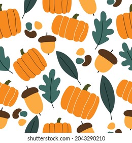 Seamless pattern with hand-drawn cute pumpkins.
