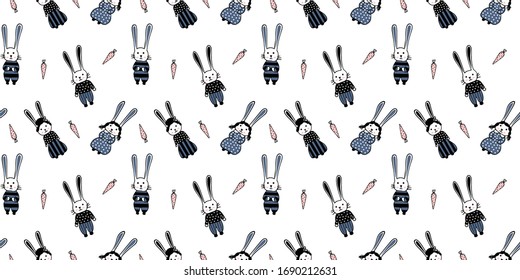 Patrón sin fisuras de adorables conejos dibujados a mano chicos y chicas en ropa y zanahorias en un fondo blanco. Corte kawaii textura interminable, para viveros, ropa, papeles pintados, papel envolvente. Vector.