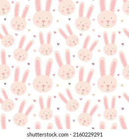 Seamless pattern of hand-drawn cute rabbits and hearts. Vector image of a hare to Valentine's Day, lovers, prints, clothes, textiles, cards, holidays, children, baby shower, wrapping paper, girl