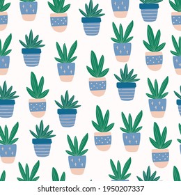 Seamless pattern with hand-drawn cute succulent in pot. Trendy colors house plant vector illustration. Home decor elements, fabric design, modern wallpaper.