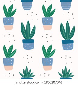 Seamless pattern with hand-drawn cute succulent in pot and texture. Trendy colors house plant vector illustration. Home decor elements, fabric design, modern wallpaper.