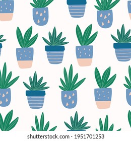 Seamless pattern with hand-drawn cute succulent in colorful pot. Trendy colors house plant vector illustration. Home decor elements, fabric design, modern wallpaper.