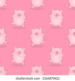 Seamless pattern of hand-drawn dancing pigs on an isolated pink background. Vector illustration of piglets for New Year, prints, wrapping paper, cards, children, clothes, decor, farm, food.