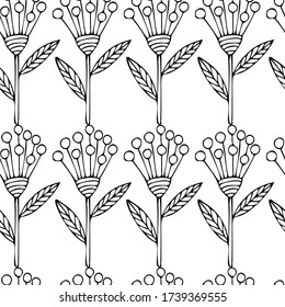 Seamless pattern with hand-drawn decorative flowers. Black and white outline image. Vector illustration. Design for textiles, wrapping paper.