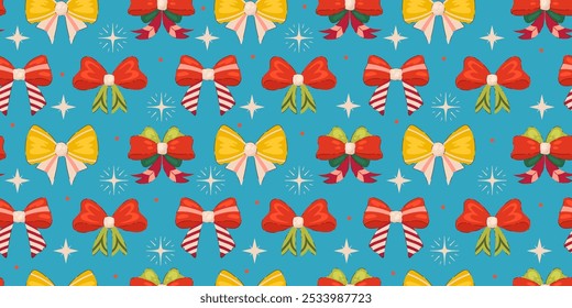 Seamless Pattern of Hand-Drawn Decorative Ribbons in Festive Colors. Ideal for wrapping paper, holiday designs, and vector-based projects.