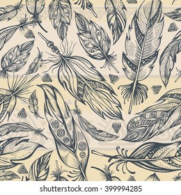 Seamless pattern with hand-drawn decorative stylized feathers