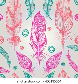 Seamless pattern with hand-drawn decorative stylized feathers