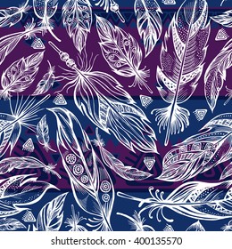 Seamless pattern with hand-drawn decorative stylized feathers