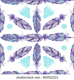 Seamless pattern with hand-drawn decorative stylized feathers. Trendy texture in boho style. 