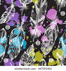 Seamless pattern with hand-drawn decorative stylized feathers. Trendy texture in boho style.
