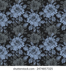 Seamless pattern, hand-drawn delicate peonies in pastel colors, print. Floral vintage background, design for textile