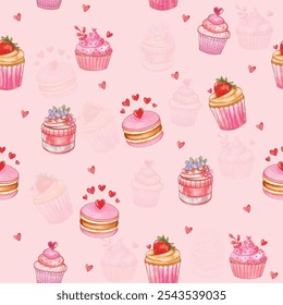 Seamless pattern of hand-drawn desserts on a pink background, perfect for wallpaper, fabric design, or wrapping paper. Features cupcakes, macarons, and other sweet treats.