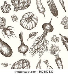 Seamless pattern with handdrawn detailed vegetables illustration. Vintage retro design in sketchy engraving style. For background, home textile, paper. 