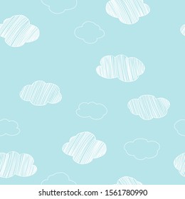 Seamless pattern with hand-drawn different clouds on a blue sky background. Vector illustration in sketch style. Doodle.